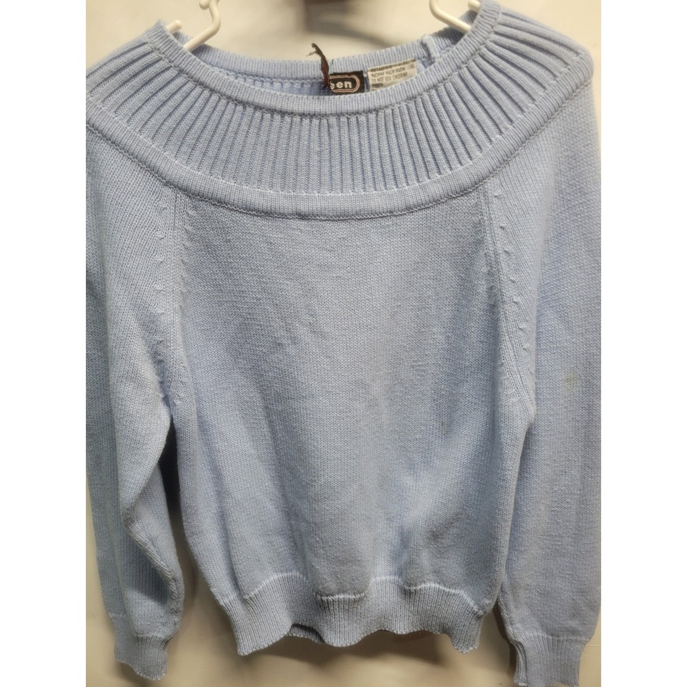 Vintage Eileen Baby Blue Ribbed Wide Neck Knit Sweater Made in Poland Sz M
